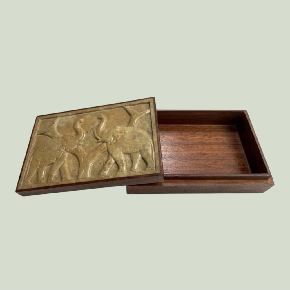 Vintage Elephant Jewelry Box Hand Carved Stone & Wood Trinket Box, boho decor - Picture 9 of 13